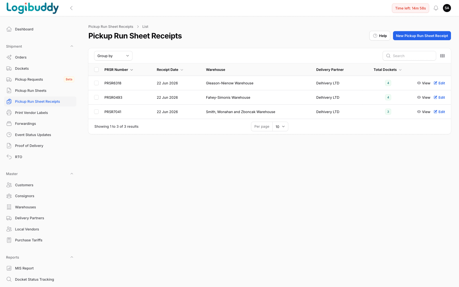 Pickup run sheet receipts with receipt numbers, dates, warehouses and delivery partner